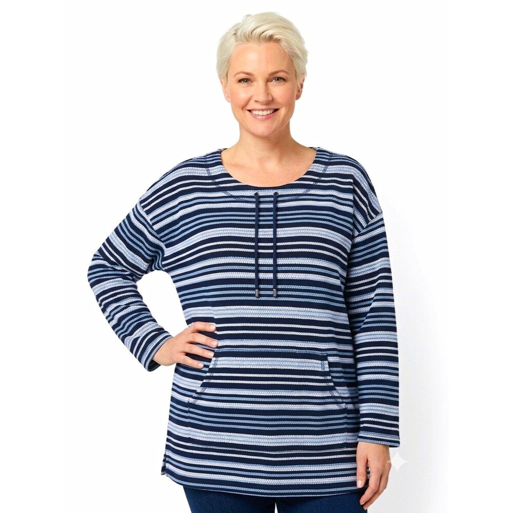 Ruby Rd. Womens Top 2X Blue Stripe 3/4 Slv Front Pocket knit tie neck Pullover